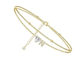 Letter N Двухслойные браслеты на ногу с подвесками в виде сердца и буквы из латуни и кристаллов горного хрусталя, золотые, Письмо N, 8-5/8 дюйм (220 мм)