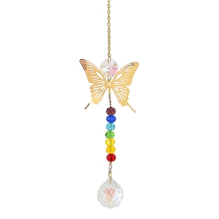 Золотой Подвесные украшения с полой бабочкой из сплава, Железная цепочка и разноцветные стеклянные круглые бусины с кисточкой для украшения дома и сада, золотые, 280 мм