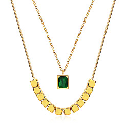 Изумруд Двухслойные ожерелья из нержавеющей стали со стразами, прямоугольные, изумруд, 15.75 дюйм (40 см)