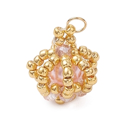 Pink Подвески-короны из стеклянных бусин, с круглыми стеклянными жемчужинами и 304 соединительными кольцами из нержавеющей стали, розовые, 15~16x12~14 мм, отверстие : 3 мм