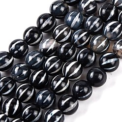 Черный Тибетского стиля DZI бисер нитей, бусины из натурального агата с травленой линией, окрашенная и подогревом, круглый с полосатым узором, чёрные, 8~8.5 мм, отверстие : 1~1.2 мм, около 48 шт / нитка, 14.96~15.16 дюйм (38~38.5 см)