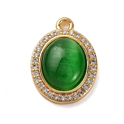 Зеленый Латунные микропаве прозрачные подвески с фианитом, без кадмия, без никеля и без свинца, с кошачий глаз, реальный 18 k позолоченный, овальные, зелёные, 18.5x13x4 мм, отверстие : 1.6 мм