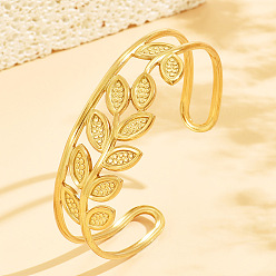 Real 18K Gold Plated 304 Stainless Steel Hollow Leaf Open Cuff Bangles for Women, Real 18K Gold Plated, Inner Diameter: 2.36 inch(6cm)
