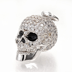 Платина Латунные микро проложить кубического циркония подвески, без кадмия и без свинца, с прыжковых колец, череп, платина, 18x10x12 мм, отверстие : 3 мм