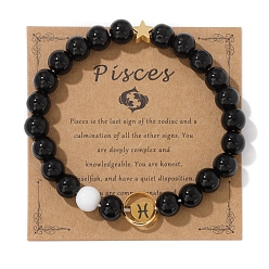 Рыбы Двенадцать созвездий, натуральный черный камень, круглые эластичные браслеты из бисера для женщин и мужчин, Рыбы, внутренний диаметр: 2-3/8 дюйм (6 см)