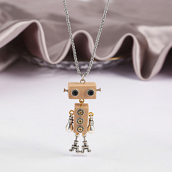 Цвет Древесины Ожерелья с подвесками в виде робота из сплава и дерева, Ожерелья с цепочкой из латуни, платина, деревесиные, 23.62 дюйм (60 см)