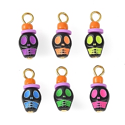 Golden Opaque Acrylic & Handmade Polymer Clay Pendants, Skull Charms, Mixed Color, Golden, 19x7.5x8mm, Hole: 3mm