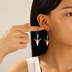 Белый Серьги-кольца в этническом стиле с эмалированным сплавом в форме головы коровы, с синтетическими бирюзовый, золотой свет, белые, 59x21 мм