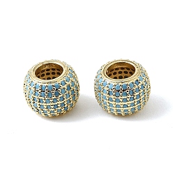 Real 18K Gold Plated Brass Micro Pave Sky Blue Cubic Zirconia European Beads, Round, Large Hole Beads, Rack Plating, Long-Lasting Plated, Lead Free & Cadmium Free, Real 18K Gold Plated, 12x8mm, Hole: 6mm