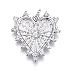 Платинированный Латунные микропаве прозрачные подвески с фианитом, долговечный, с прыжковых колец, сердце, Реальная платина, 21x19x2.5 мм, отверстие : 3 мм