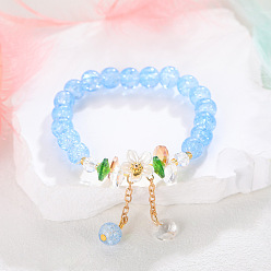 Васильковый Круглые бусины из стекла с ромашками и трещинами, растягивающиеся браслеты, Браслеты с подвесками из сплава и цепочкой для женщин, васильковый, внутренний диаметр: 2-1/2 дюйм (6.5 см)