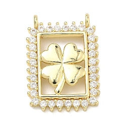 Клевер Латунные микро проложить кубического циркония подвески, золотые, прямоугольник амулеты, клевер, 21x15x3 мм, отверстие : 1.2 мм