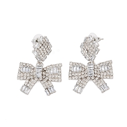 Platinum Brass Micro Pave Cubic Zirconia Stud Earrings, Bowknot, Platinum, 45x30mm