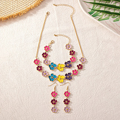 Разноцветный Комплект украшений из цветочного сплава с эмалью, браслеты и серьги болтаться и ожерелья, красочный, 380 мм