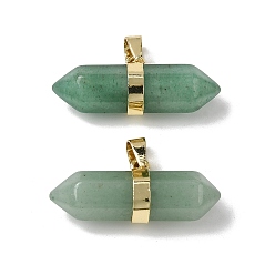 Зеленый Авантюрин Натуральные зеленые авантюриновые двойные заостренные подвески, граненые брелоки в форме пули с латунными застежками на дужках, стойки покрытие, золотые, 12.5x32~32.5x9.5 мм, отверстие : 6x4.5 мм