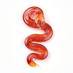 Красный Ручной золотой песок Lampwork большие кулоны, змеиные чары, красные, 61.5~63x27~29x8.5~11 мм, отверстие : 5~7x6~8.5 мм