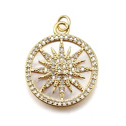Настоящее золото 18K Стойка металлическая латунная микропрофилированная кубическая циркония подвески, плоские круглые с солнцем, с прыгающим кольцом и оболочкой, без кадмия и без свинца, долговечный, реальный 18 k позолоченный, 26.5x22x3 мм, отверстие : 3.5 мм