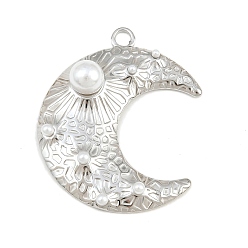 Stainless Steel Color 304 Stainless Steel with Plastic Pearl Pendants, Hammered Moon Charms, Stainless Steel Color, 44.5x38x10mm, Hole: 3mm