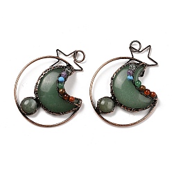 Зеленый Авантюрин Натуральный зеленый авантюрин латунные звезды луна большие подвески, обереги из драгоценных камней чакры, Красная медь, 65~66x49~50x14~15 мм, отверстие : 6 мм