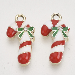 Red Christmas Theme, Alloy Enamel Pendants, with Crystal Rhinestone, Light Gold, Candy Cane, Red, 22x11x4mm, Hole: 1.8mm