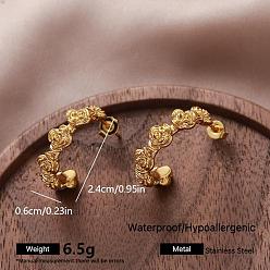 Flower 304 Stainless Steel Stud Earrings for Women, Half Hoop Earrings, Golden, Flower, 24x6mm