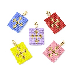 Mixed Color Handmade MIYUKI Japanese Seed Loom Pattern Seed Beads, Rectangle with Cross Pendants, Mixed Color, 25~25.5x16x2mm, Hole: 2.5mm