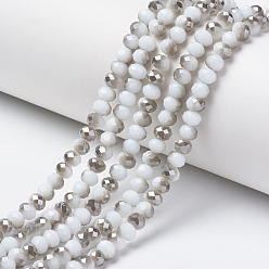 Blanc Floral Plaquer des brins de perles de verre opaques, demi gris, facette, rondelle, floral blanc, 3.5x3mm, Trou: 0.4mm, Environ 123~127 pcs/chapelet, 13.7~14.1 pouce (35~36 cm)