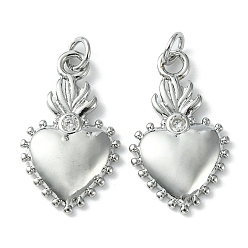 Platinum Rack Plating Brass Micro Pave Cubic Zirconia Pendants, Long-Lasting Plated, Lead Free & Cadmium Free, Heart Charm, Platinum, 23.5x14x2mm