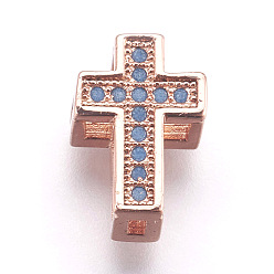 Rose Gold Brass Micro Pave Cubic Zirconia Beads, Lead Free & Cadmium Free, Cross, Light Sky Blue, Rose Gold, 11.5x8x5.5mm, Hole: 1mm and 2x5mm