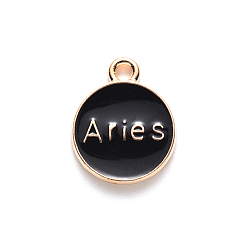 Aries Alloy Enamel Pendants, Flat Round with Constellation, Light Gold, Black, Aries, 15x12x2mm, Hole: 1.5mm, 100pcs/Box