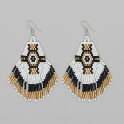 Белый Серьги-подвески с кисточками из стеклянного бисера в китайском стиле ручной работы с шестигранным узором, платина, белые, 80x45 мм