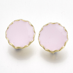 Pink Alloy Stud Earring Findings, with Steel Pins and Enamel, with Loop, Flat Round, Light Gold, Pink, 19x19mm, Hole: 4mm, Pin: 0.7mm