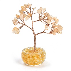 Желтый Кварц Натуральные желтые кварцевые чипсы украшения из дерева жизни, стеклянная основа с медной проволокой фэн-шуй энергетический камень подарок для домашнего офиса рабочий стол, 58~66x39.5x100 мм