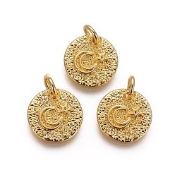 Golden Brass Rough Surface Charms, with Jump Rings, Cadmium Free & Lead Free, Flat Round with Star and Moon, Golden, 12x1.5mm, Hole: 3mm