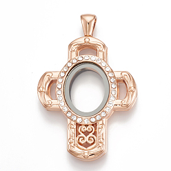 Roségold Große Anhänger aus magnetischem Medaillon, mit Strass und Glas, Kreuz, Kristall, Roségold, 51x34x8 mm, Loch: 6x3.5 mm, Innen Maßnahme: 16x12.5 mm