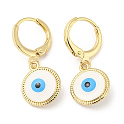 White Golden Brass Dangle Leverback Earrings, with Enamel, Evil Eye, White, 26.5x11mm