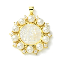 Плоский Круглый Кулоны из экологически чистой латуни, с натуральной оболочкой и пластиковым жемчугом, долговечный, реальный 18 k позолоченный, без кадмия и без свинца, плоско-круглые, 30x29.5x6 мм, отверстие : 5x3 мм
