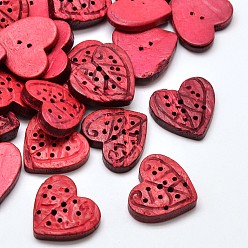 Camellia Heart Coconut 2 Holes Sewing Buttons, Dyed, Camellia, 20~21x22~23x4~6mm, Hole: 1mm