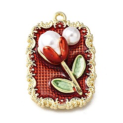 Красный Подвески из эмали и сплава, с ABS имитации жемчуга, прямоугольник с цветочной подвеской, стойки покрытие, долговечный, без свинца, без кадмии и без никеля, золотые, красные, 27x19x9 мм, отверстие : 1.5 мм