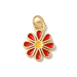 Красный Подвески из латуни с эмалью в стойку, с целью перехода в кольце, долговечный, без кадмия и без свинца, цветочный шарм, реальный 18 k позолоченный, красные, 15.5x11x1.2 мм, отверстие : 3 мм