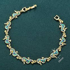 Настоящее золото 18K Браслеты-цепочки из латунной эмали с бирюзовым морским коньком, реальный 18 k позолоченный, 7-3/4 дюйм (19.8 см)