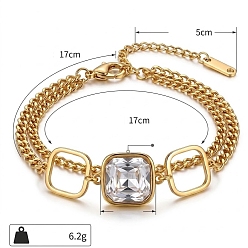 Square 304 Stainless Steel Crystal Rhinestone 2-Strand Bracelets, Golden, Square, 6.69 inch(17cm)