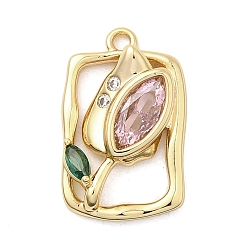 Настоящее золото 18K Латунные микро проложить кубического циркония подвески, прямоугольник с цветочными подвесками, долговечный, без никеля , реальный 18 k позолоченный, 18.5x11.5x3.5 мм, отверстие : 1.5 мм