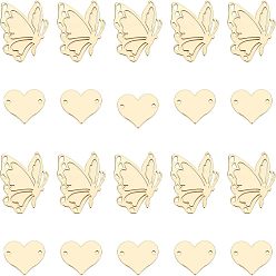 Real 18K Gold Plated 28Pcs 2 Styles Brass Links Connectors, Long-Lasting Plated, Heart & Butterfly, Real 18K Gold Plated, 14pcs/style