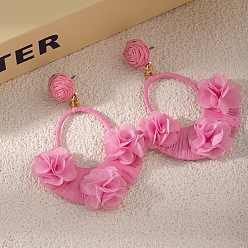 Hot Pink Raffia & Cloth Flower Dangle Earrings, Alloy Stud Earrings for Women, Golden, Hot Pink, 70x50mm