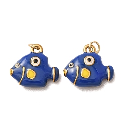 Marine Blue 304 Stainless Steel Charms, with Enamel, Fish Charms, Ion Plating(IP), Golden, Marine Blue, 13.5x14.5x4mm, Hole: 3mm