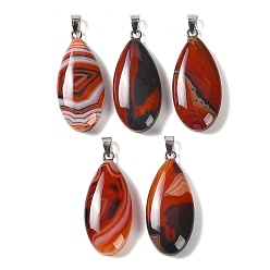 Banded Agate Natural Red Banded Agate Pendants, with 304 Stainless Steel Snap on Bails, Teardrop Charm, Dyed & Heated, 44x20x9mm, Hole: 7x4mm