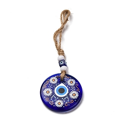 Темно-Синий Плоский круглый с дурным глазом подвесной светильник украшение, подвесные украшения из смоляных бусин и пеньковой веревки, темно-синий, 210~235 мм