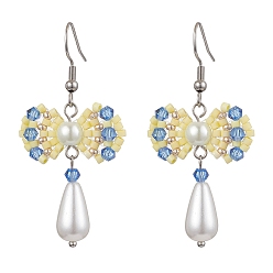 Шампанско-Желтый Серьги-бантики из стеклянных и акриловых бусин ручной работы, платина, шампанское желтый, 52x25.5 мм