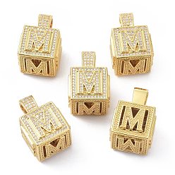 Letter M Кулоны из латуни с микропейвом и прозрачным фианитом, реальный 18 k позолоченный, куб с письмом, letter.m, 26x17x17 мм, отверстие : 5x8 мм